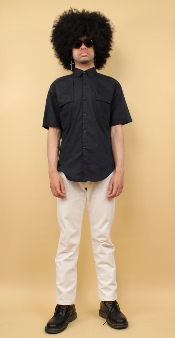 70s 80s Vtg Blue Black Cotton Poly Button Up Unif… - image 5