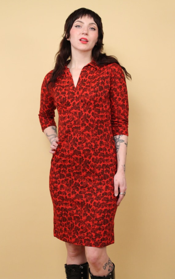 40s 50s Vtg Red & Brown Novelty Print Dress Colla… - image 3