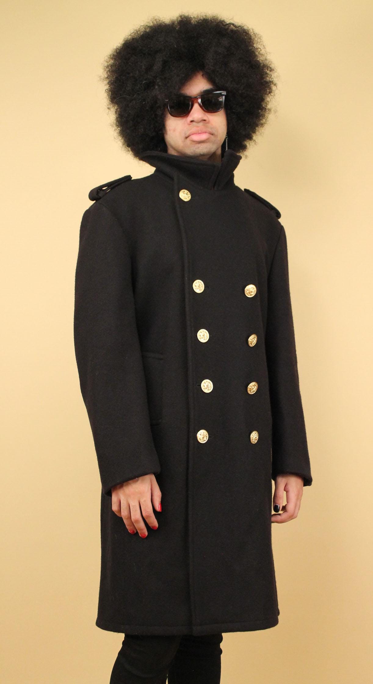 70s Vtg Black Wool Military Pea Coat Heavy Jacket Gold Anchor