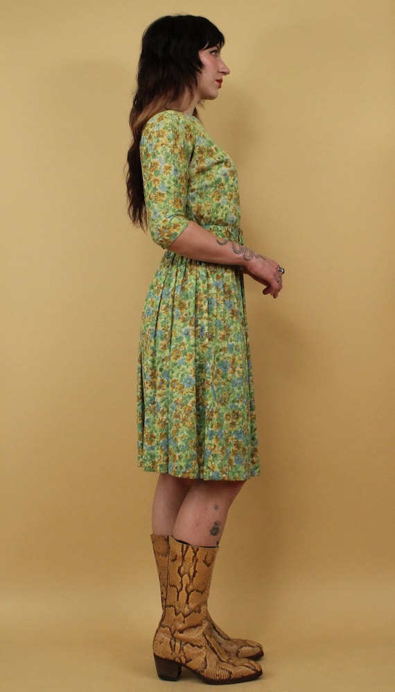 50s 60s Vtg Green Yellow Floral 3/4 Sleeve Day Dr… - image 4