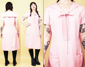 60s Vtg Pale Pink Raw 100% Silk Sheath Dress with Giant Sailor Bow Collar & String Tie Bow Women's Small Medium Tall