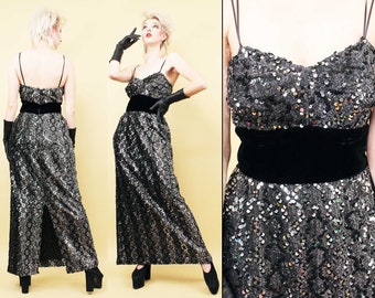 70s 80s Vtg Black Silver Lurex Sequin Maxi Dress Slip Sleeveless Velvet Sash Cocktail Party Holiday Glam Women's Xs