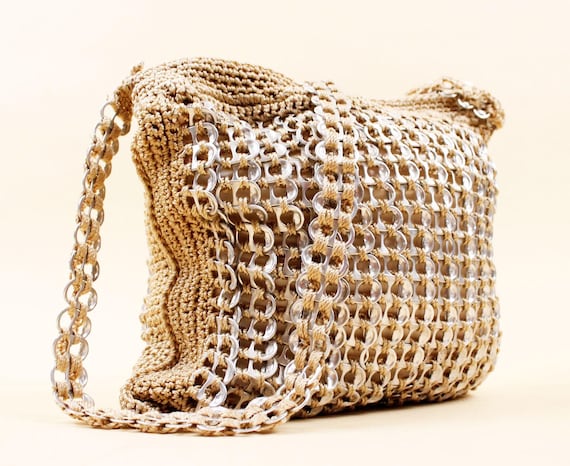 60s 70s Vtg Crochet Silver Bottle Cap Chainmaille Folk Art Purse
