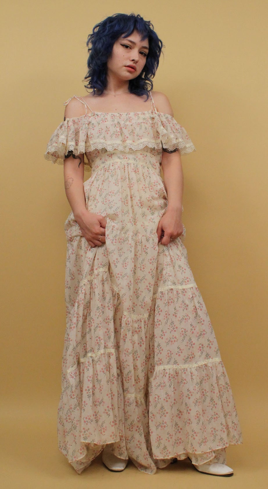 70s Vtg Early Contempo Casuals White Floral Maxi Dress