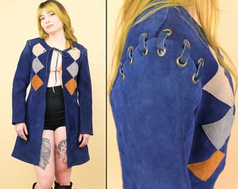 60s 70s Vtg Blue Suede Patchwork Leather Jacket Mini Dress Length Mod Hippie Glam Rock Women's S-M B34-36" W32" H38" L30"