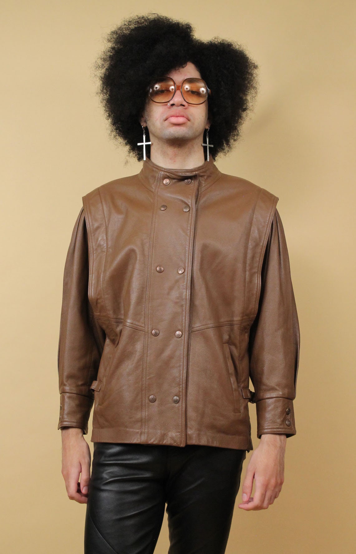 70s 80s Vtg Brown Leather Jacket Futuristic Snap Button Pleat