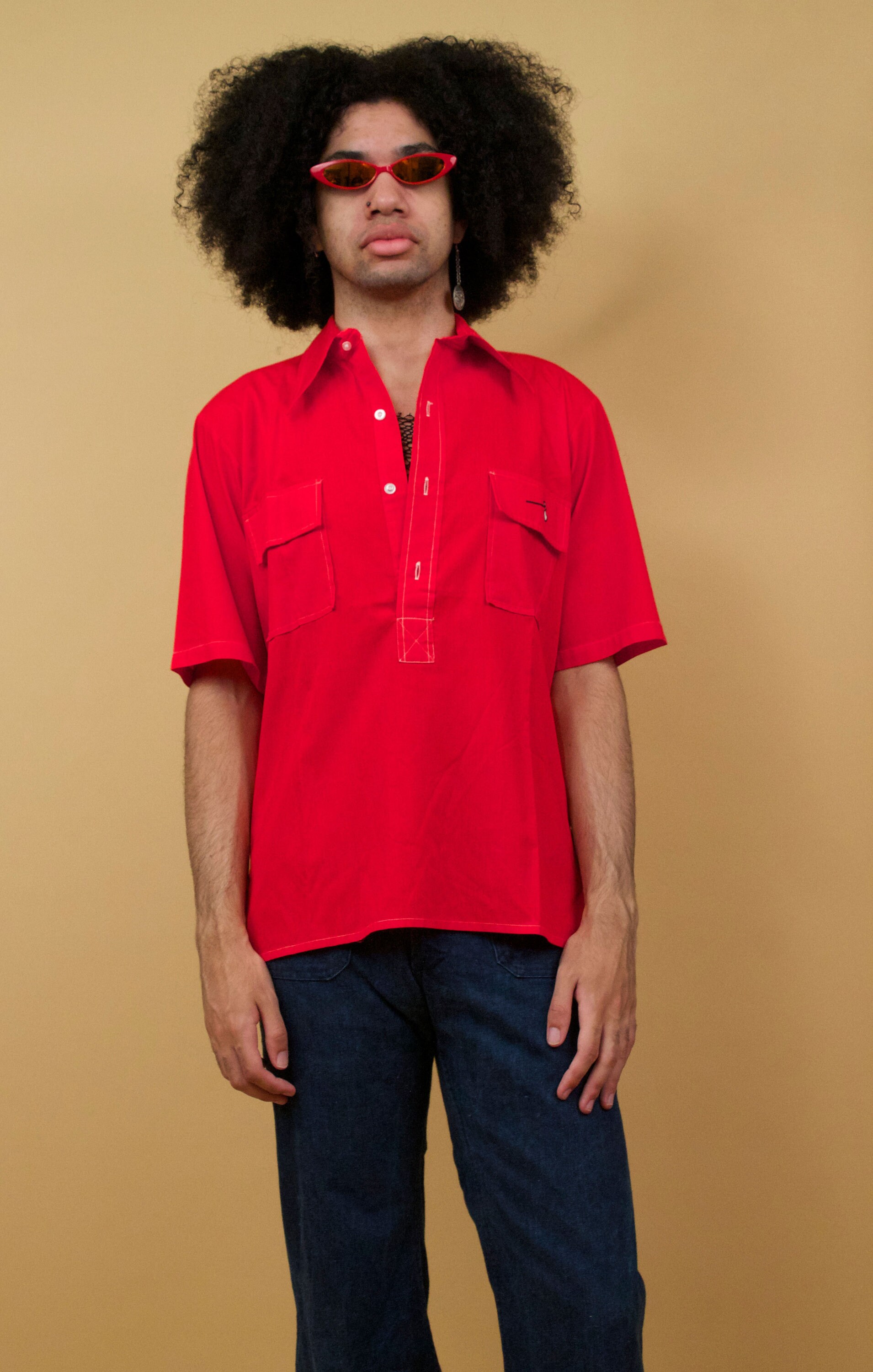 60s 70s Vtg Red Cotton Pointy Collar Button up Short Sleeve Shirt 