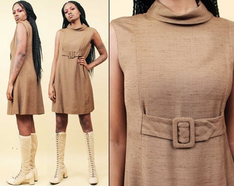 60s Vtg Genuine Silk Brown Collared Mod Shift Dress with Buckle Go Go Scooter Formal DYNASTY Label Women's tag 14 Medium