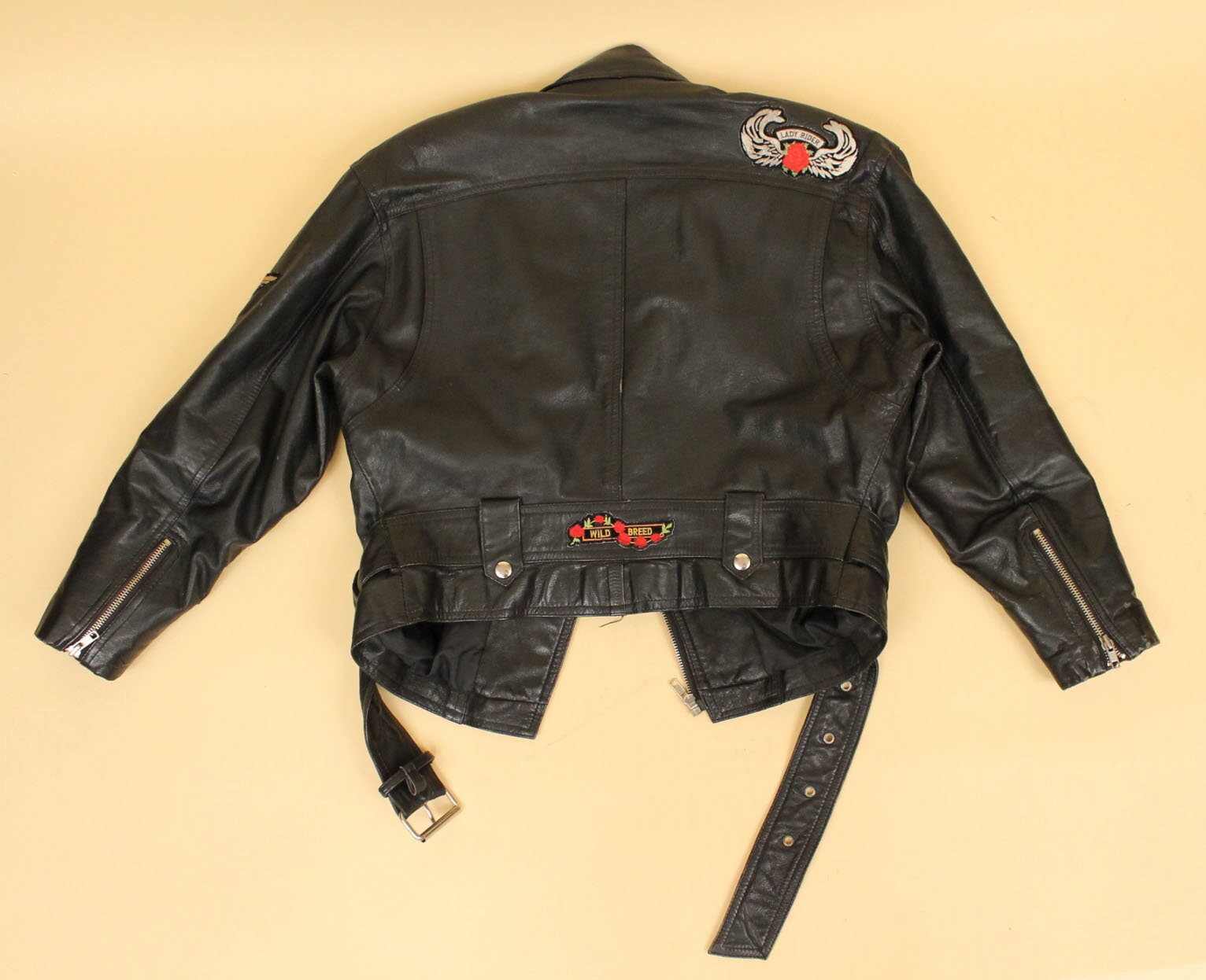 80s Vtg Black Leather Motorcycle Jacket Zip up Belted Ladies