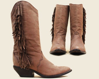 80s Vtg Genuine Leather Brown Fringe Cowboy Western Boots Punk Metal Rocker ZODIAC Women's US 7.5 EU 38