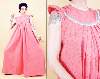 70s Vtg Pink Floor Length Cotton Maxi Dress Deadstock NWT Prairie Folk Kaftan Muu Muu Baby Blue Floral Print Xs B34" W50" H70" L54"