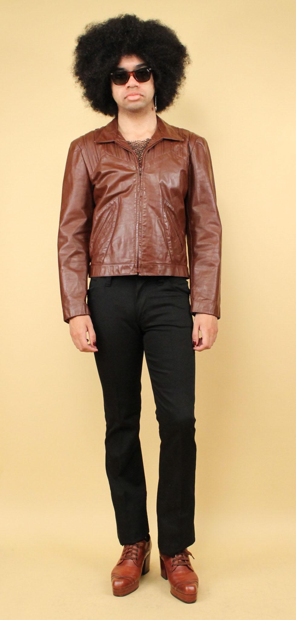 70s Vtg Brown Leather Zip up Collared Jacket Straight Cut Coat