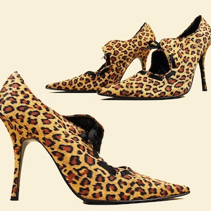 90s Y2K Vtg Fredericks of Hollywood Satin Leopard Bow Detail High Heel Pump Pin Up Punk Pointy Pointed Toe US 11 EU 42.5 43