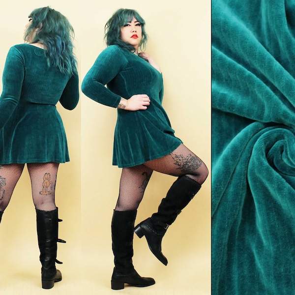 80s 90s Vtg Teal Emerald Green Ribbed Stretch Velvet Long Sleeve Skater Dress Women's Medium Stretchy B34-38" W28-32" H44" L32"