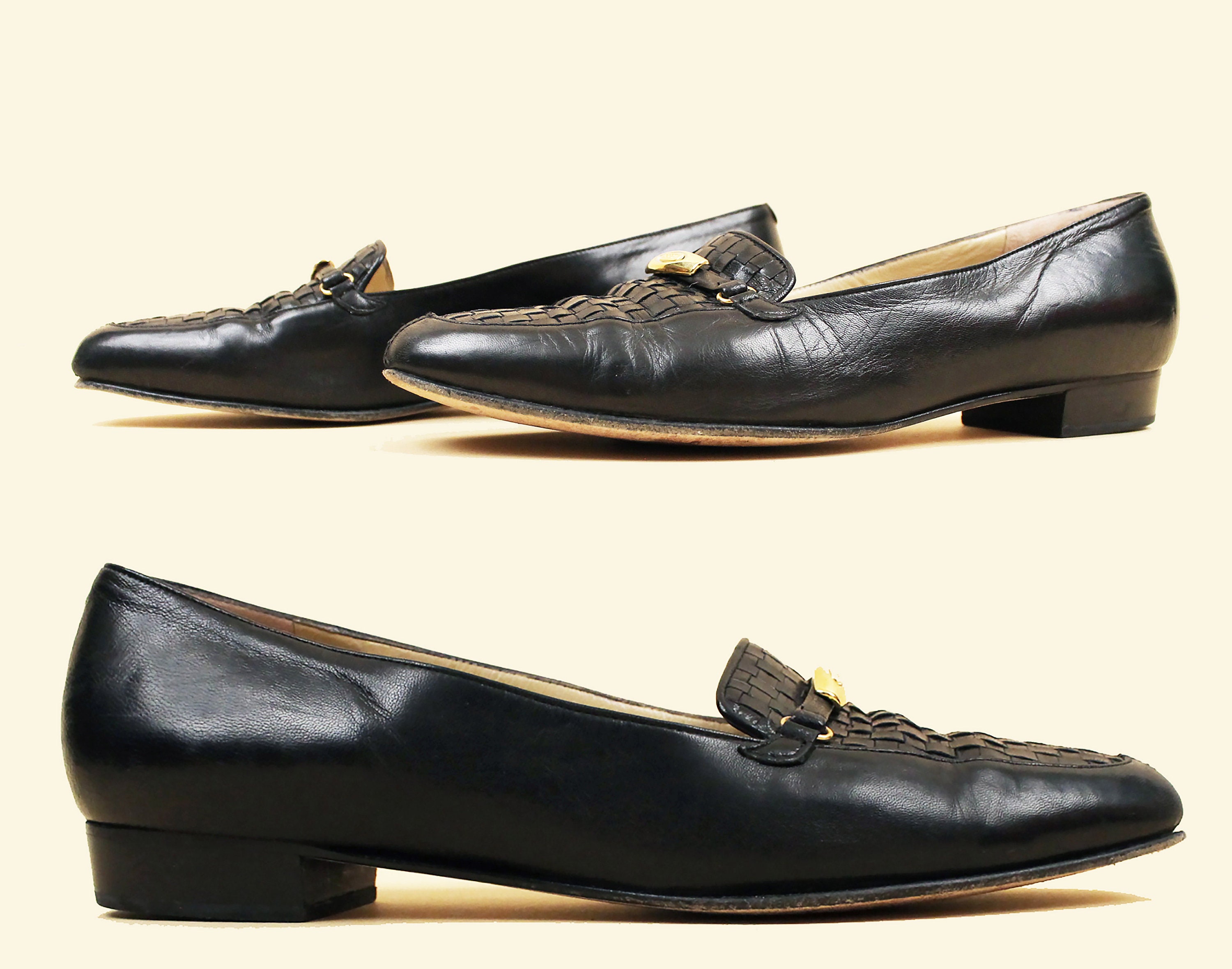 80er Jahre Vintage BALLY Schwarze Leder Loafers, Gewebtes Detail