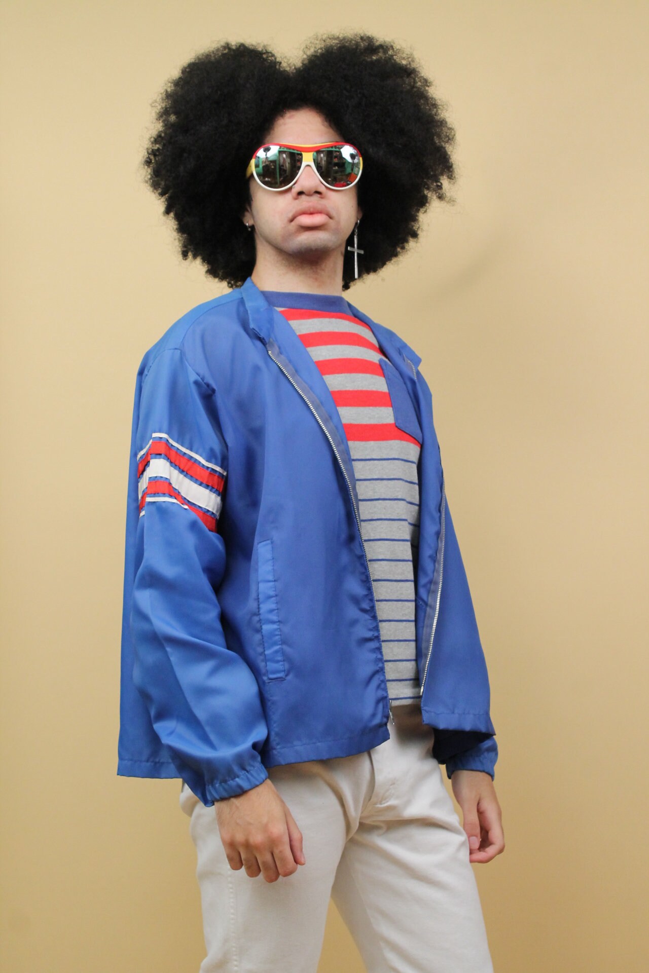 60s 70s Vtg Blue Nylon Stripe Mod Zip up Jacket Racer Sport