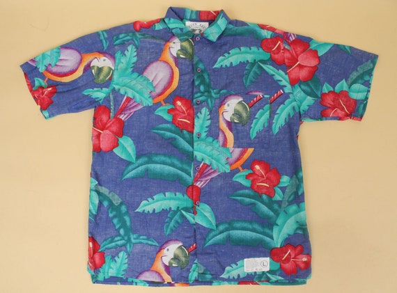 80s Vtg Parrot Tropical Print 100% Cotton Button … - image 3