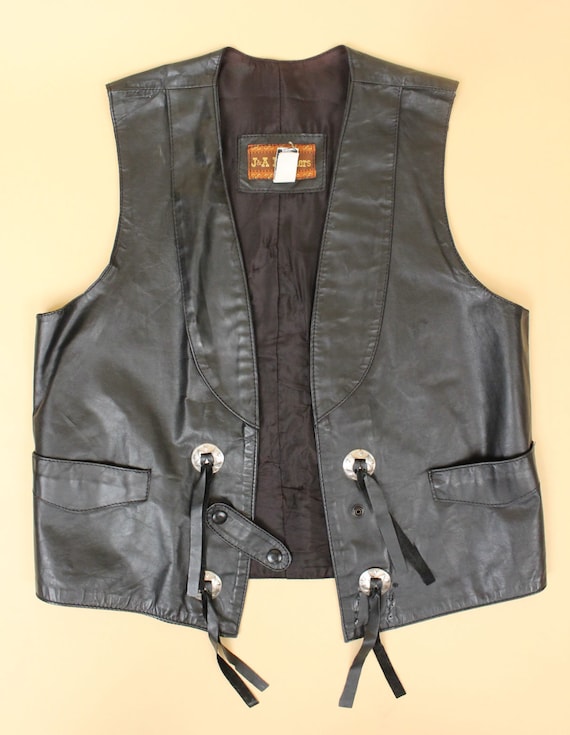 80s Vtg Black Leather Sequin Eagle Vest Mexican Silver Concho 80s Vtg Black Leather Sequin Eagle Vest Mexican Silver Concho