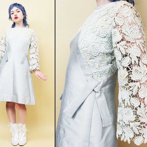 60s Vtg Ice Blue Pastel Bell Lace Sleeve Baby Doll Mini Dress Mod Pin Up Bridal Wedding Formal Women's Xs Sm