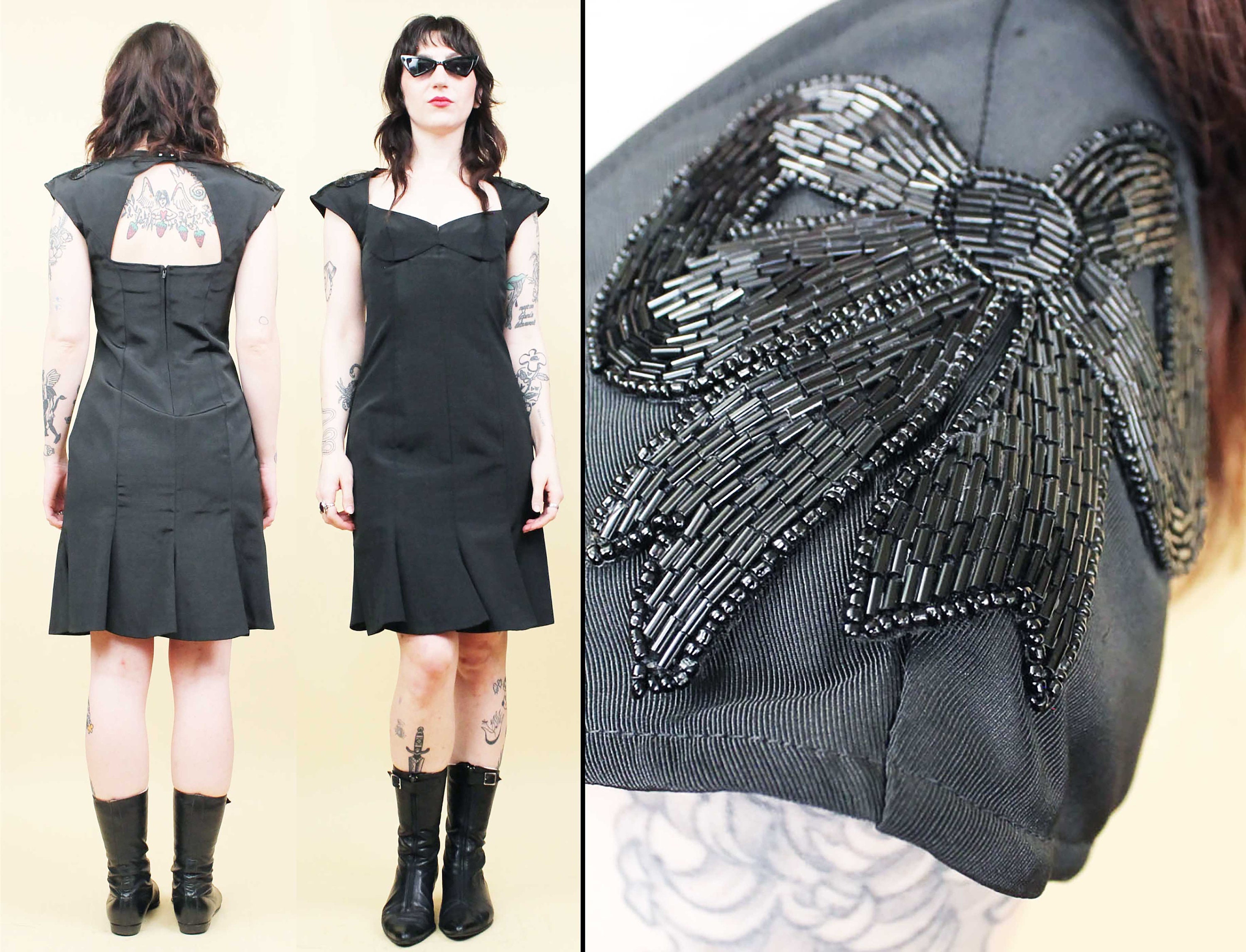 80s Vtg Black Pleat Skirt Mini Dress Bow Sequin Angular Shoulders Cut Out Back Avant Garde Punk Goth Women's Xs Sm