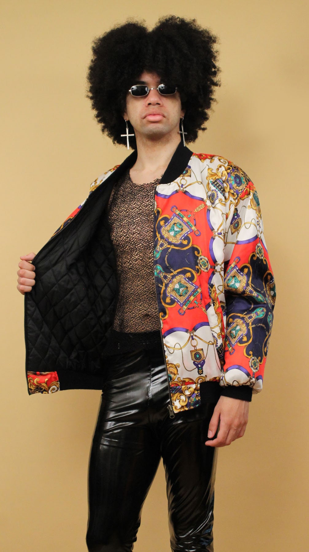 80s 90s Vtg Silky Bomber Scarf Print Jacket Zip up Baroque Pattern