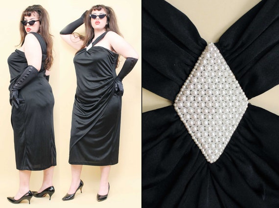 80s Vtg Black Pearl Detail Evening Gown Sleeveles… - image 1