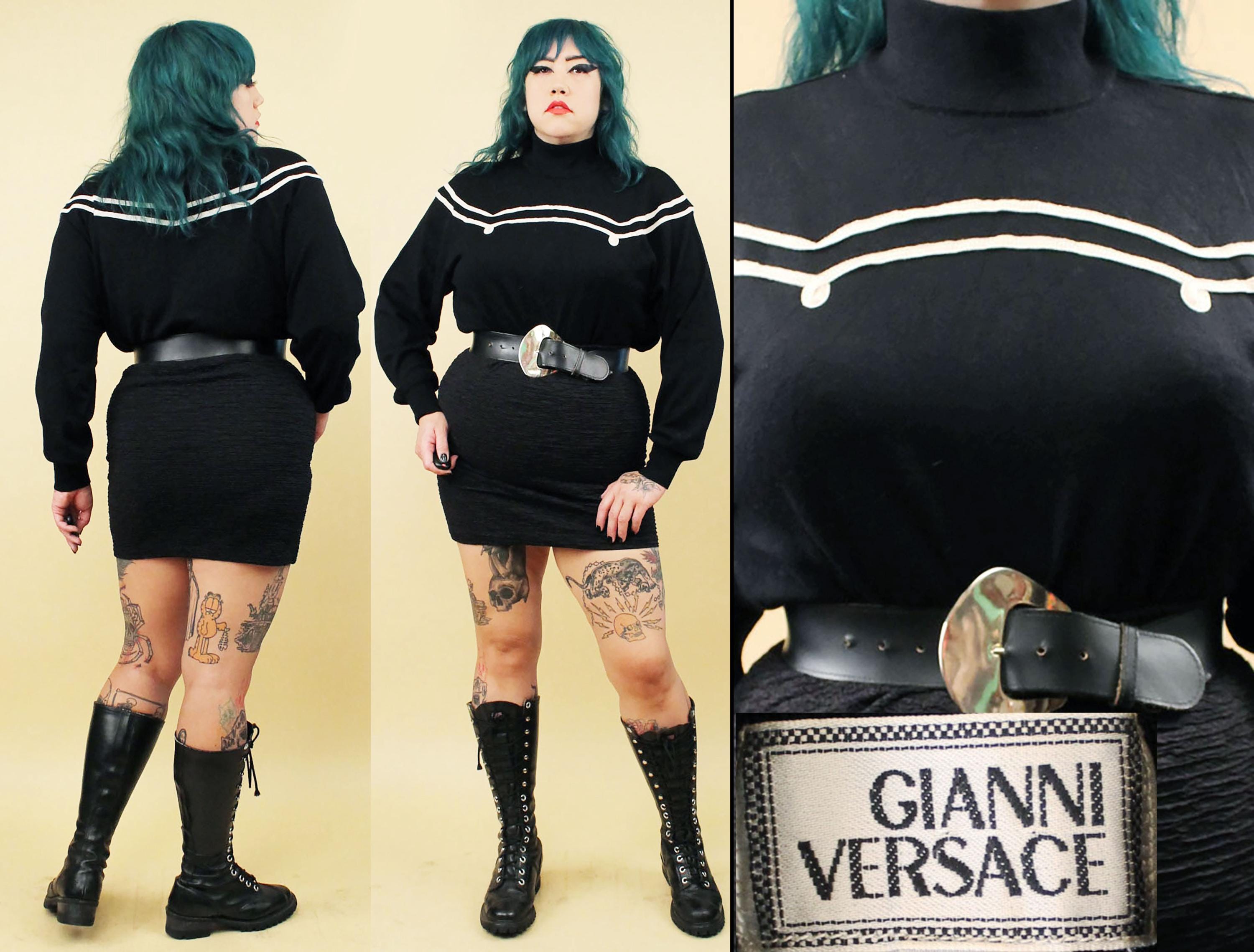 80s Vtg Gianni Versace Black Wool White Embroidered Sweater Mock 