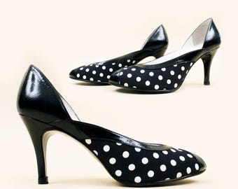 Vintage 80s Polka Dot Peep Toe Pumps - DELMAN Leather Heels US 6.5 EU 37