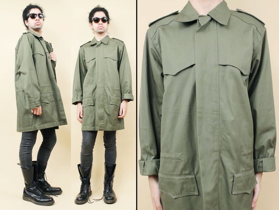 80s Vtg Italian Army Green Cotton Chore Coat Long… - image 1