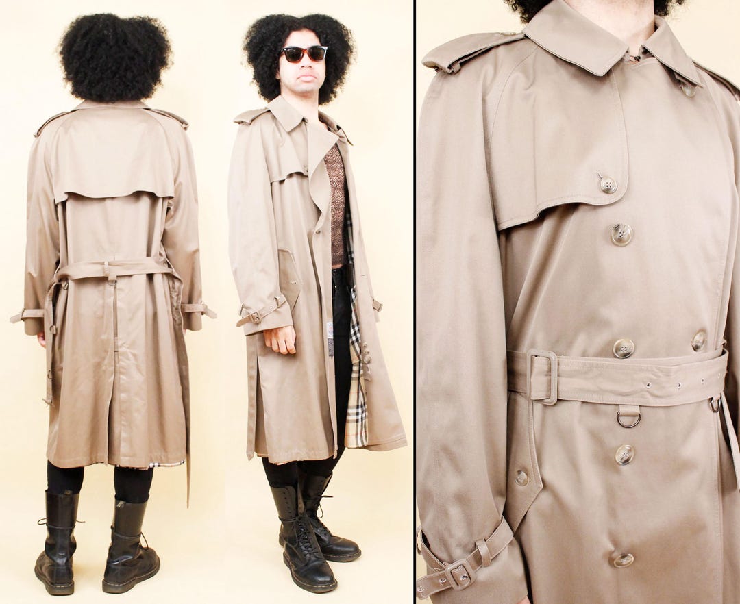 80s Vtg Beige Classic Cotton Plaid Lined Trench Coat Belted Jacket