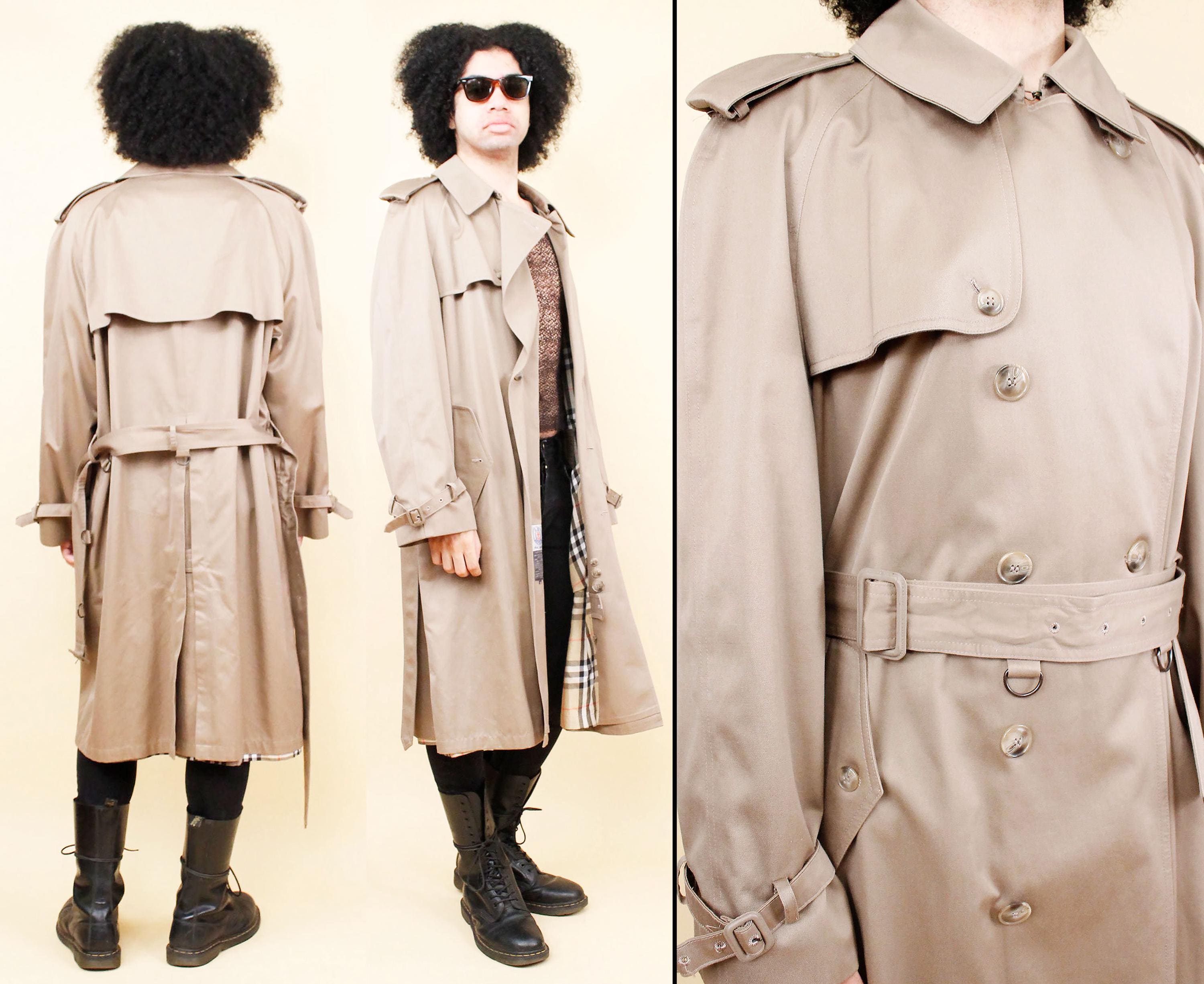 80s Vtg Beige Classic Cotton Plaid Lined Trench Coat Belted Jacket