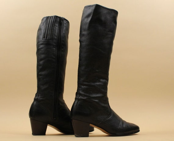 70s Vtg Black Leather Knee High Boot Zip Up Mod G… - image 8