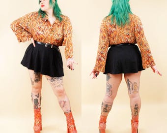 Y2K 90s Vtg Pleated Earthtone Blouse Shirt Top Bell Sleeve Collared Women's Plus Size Volup 2X B52-60" W46-50" L26"