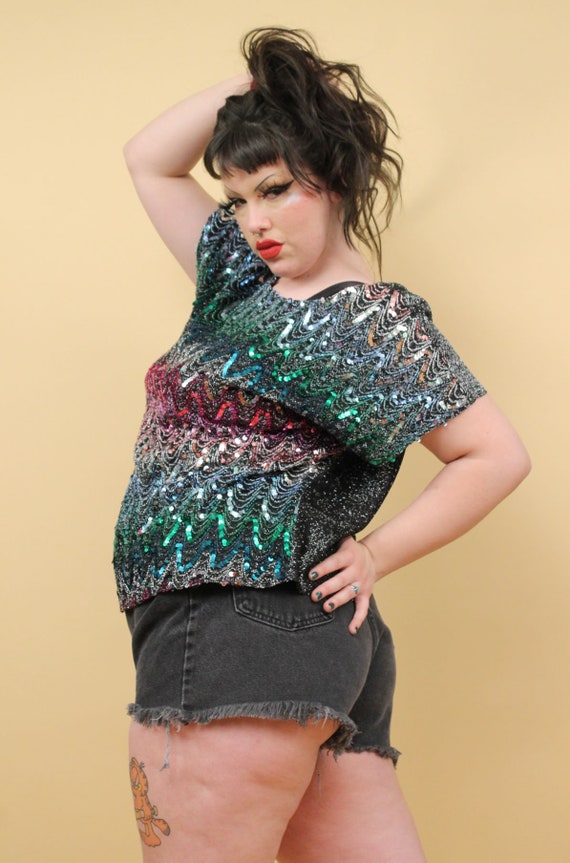 70s 80s Vtg Sequin & Lurex Rainbow Blouse Top Shi… - image 7