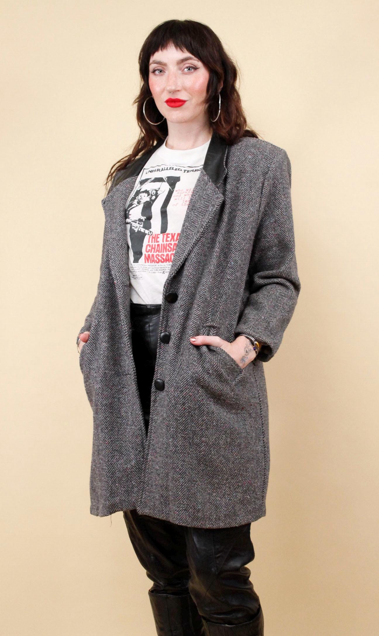 80s 90s Vtg Tweed Herringbone Grey & Black Leather Collar Overcoat