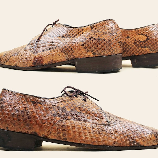 60s 70s Vtg Custom Python Snakeskin Oxford Dress Shoe Lace Up Mod Glam Rock Men's US 10.5 EU 44