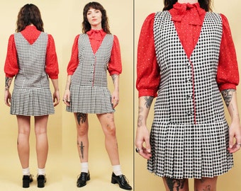 80s Vtg Deadstock Gingham Dropwaist Pleated Mini Dress Sleeveless V Neck Button Front Mod Scooter Women's Junior's tag 5 Xs