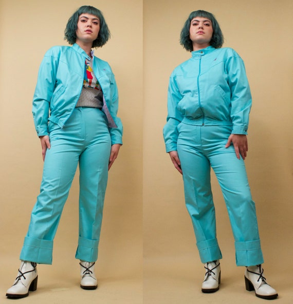 70s 80s Vtg Wrangler Aqua Blue 2 pc Jacket & Pant… - image 7