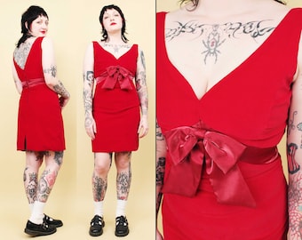 60s Vtg Red Cotton Velvet Mini Dress with Bow Sleeveless Party Cocktail Women's S-M B36" W28-29" H36" L34"