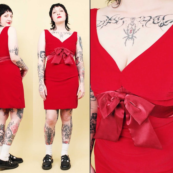 60s Vtg Red Cotton Velvet Mini Dress with Bow Sleeveless Party Cocktail Women's S-M B36" W28-29" H36" L34"