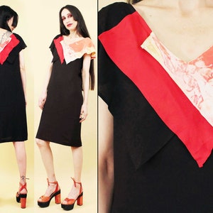 70s 80s Vtg Avant Garde Triangle Collar Black & Red Sheath Dress Batik Tie Dye Wearable Art Women's tag 5/6 Xs image 1