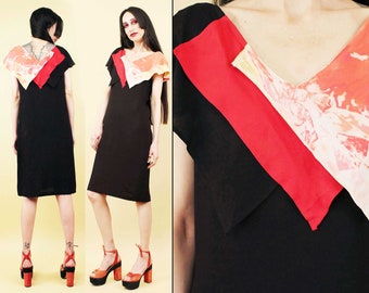 70s 80s Vtg Avant Garde Triangle Collar Black & Red Sheath Dress Batik Tie Dye Wearable Art Women's tag 5/6 Xs