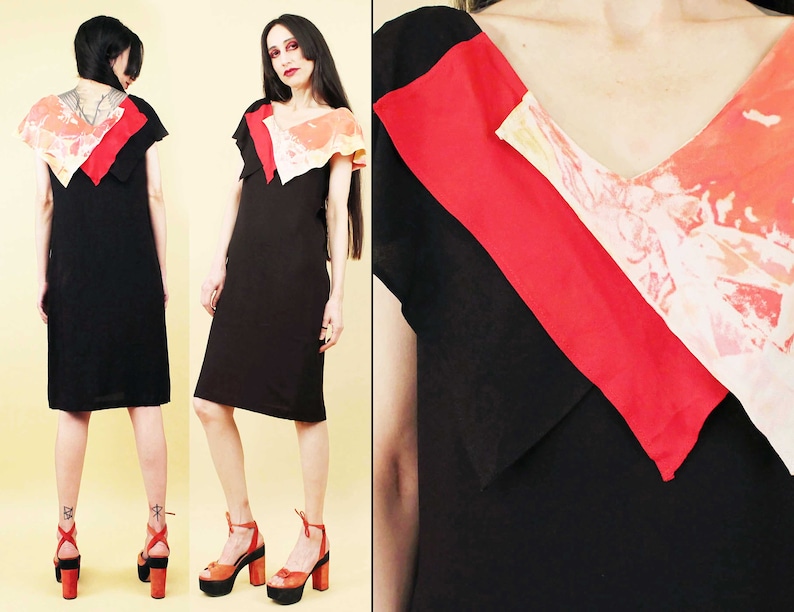 70s 80s Vtg Avant Garde Triangle Collar Black & Red Sheath Dress Batik Tie Dye Wearable Art Women's tag 5/6 Xs image 1