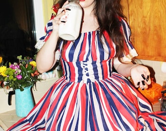 60s 70s Vtg Striped Red White Blue Corset Mini Dress Mod Hippie Boho Women's Large 12 14