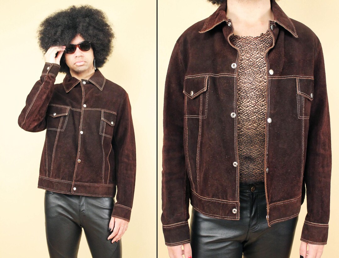 60s 70s Vtg Brown Suede Leather Snap Button Jacket Trucker Style Coat ...