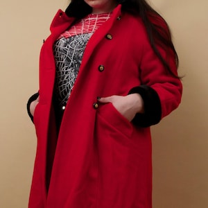 80s Vtg Rothschild Red & Black Faux Fur Wool Military Inspired Pea Coat Double Breasted Button Mock Collar Plus Size Designer L XL 12 tag 14 image 8