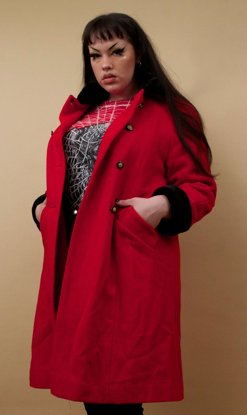 80s Vtg Rothschild Red & Black Faux Fur Wool Military Inspired Pea Coat Double Breasted Button Mock Collar Plus Size Designer L XL 12 tag 14 image 8