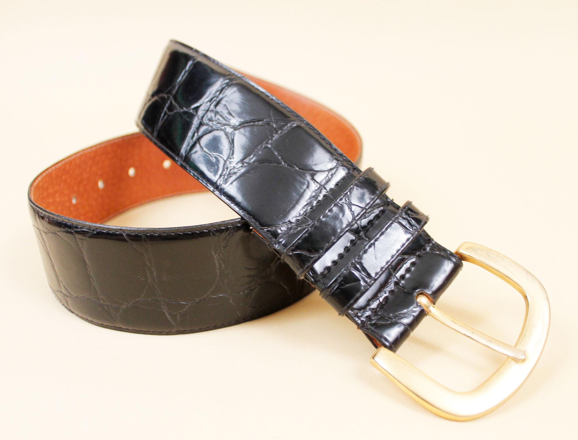 80s 90s Vtg Black Alligator Embossed Reptile Leather Belt  display picture 2
