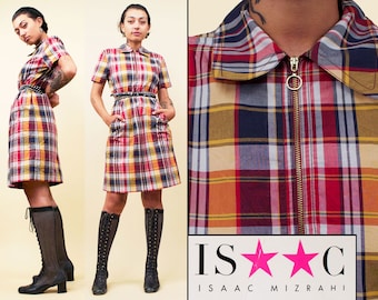 Lata 90. czy lata 60. Vtg ISAAC MIZRAHI Tartan Plaid O-ring Collared Shirt Mini Dress Northern Soul Mod Oi Big Pocket Jumper Boxy NWT Deadstock