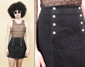 90s Vtg Black 100% Cotton Denim Mini Skirt Button Fly Front tag size 7 Women's Small W28" H36" L17"